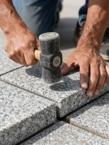 Close-up of a worker's hands placing a granite paving stone with a rubber mallet, crisp joints, sharp alignment, bright natural daylight.