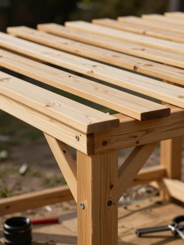 Gros plan sur l'assemblage précis d'une pergola en bois de mélèze, veines du bois visibles sous une lumière naturelle vive, outils de charpente posés à côté