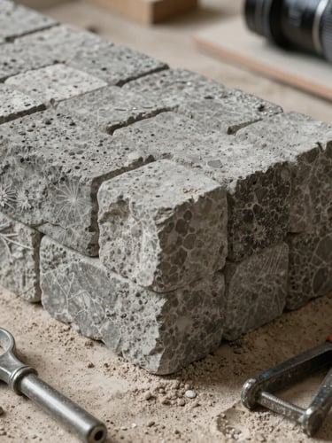 Pose précise de pavés en pierre naturelle par un artisan, joints réguliers et propres, outils de maçonnerie posés à côté sur le sable.
