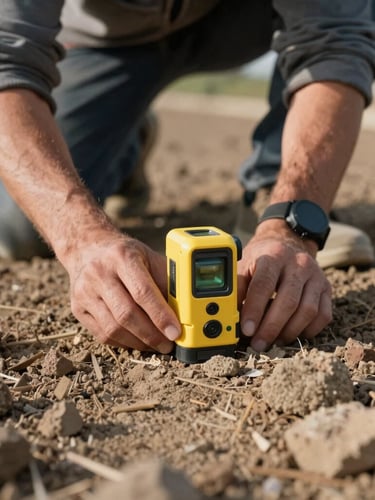 Vue rapprochée d'un artisan mesurant un terrain extérieur avec un niveau laser de chantier, sol en terre propre, lumière naturelle du matin.