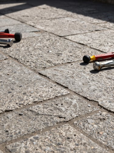 Vue rapprochée d'un pavage en pierre naturelle fraîchement posé à Nancy, joints parfaits, outils de maçonnerie posés proprement à côté sous une lumière matinale claire.