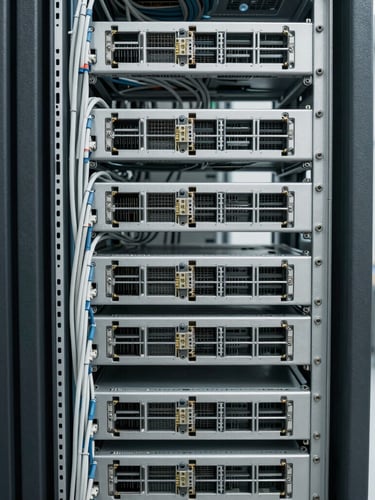 Straight-on close-up of neatly organized network cabling and stacked enterprise servers in a bright, clean staging facility, desaturated cool tones