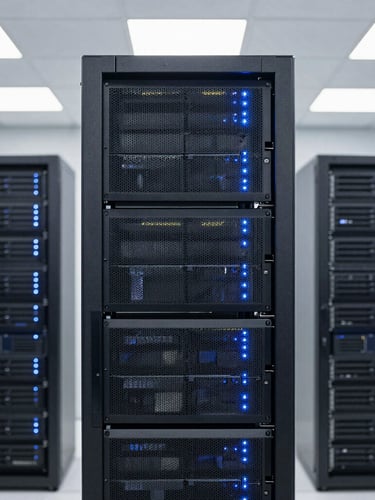 Straight-on architectural shot of neatly stacked enterprise server racks in a modern data center, glowing blue indicator lights, clean white overhead lighting, desaturated cool tones