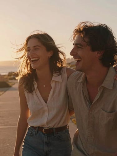 A couple laughing candidly on a sun-drenched coastal path, wind-blown hair, warm backlighting, cinematic 35mm film aesthetic, bleeding to the left edge.