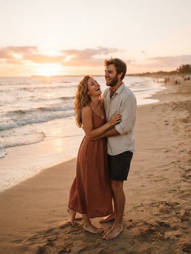 A warm, cinematic wide shot of a couple laughing candidly on a sun-drenched beach at golden hour, soft terracotta tones, 35mm film aesthetic.