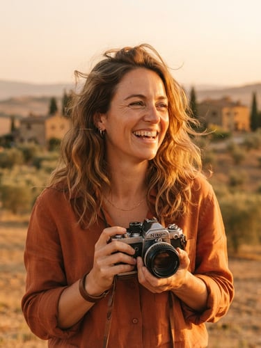 Candid portrait of a warm, smiling photographer with wind-blown hair, holding a vintage film camera, bathed in golden-hour sun, soft terracotta tones, shallow depth of field.