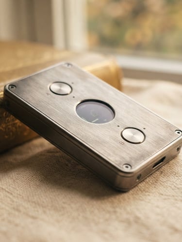 Macro close-up of a brushed metal hardware wallet, warm editorial photography, soft natural window light, muted cream and gold tones, shallow depth of field, 35mm