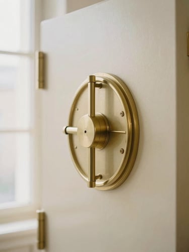 Architectural detail of a secure vault, warm editorial photography, soft natural window light, muted cream and gold tones, shallow depth of field, 35mm