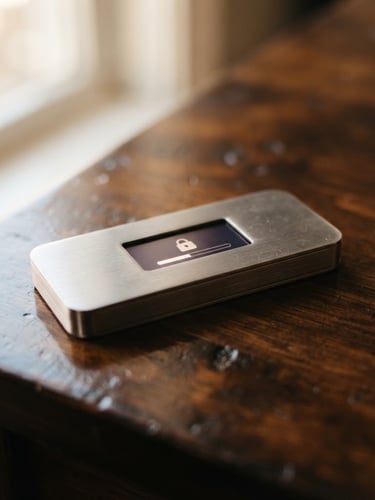 Close-up of a brushed metal hardware wallet, its screen subtly glowing, resting on a polished dark wood surface under soft window light. Shallow depth of field.