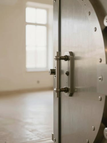Architectural detail of a secure vault door, heavy brushed metal with precise locking mechanisms, bathed in soft, diffused light. Wide, quiet space.