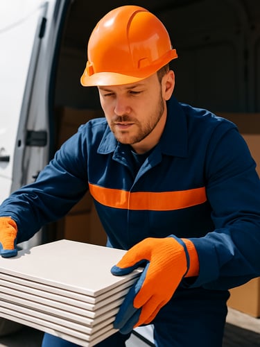 Close-up of a professional worker in clean uniform unloading high-quality ceramic tiles from a delivery vehicle, bright daylight, sharp focus
