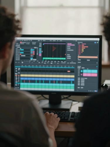 A quiet behind-the-scenes view of an editing suite, soft ambient light from a screen illuminating a color-grading panel, low-contrast shadows, cinematic 35mm format.