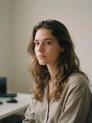 Minimalist natural-light portrait of Ronni Garrett in her editing suite, soft warm tones, quiet cinematic shadows, 35mm format.