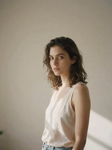 A minimalist, natural-light portrait of a female film editor in a warm, pale sand-toned studio, soft cinematic shadows, 35mm format