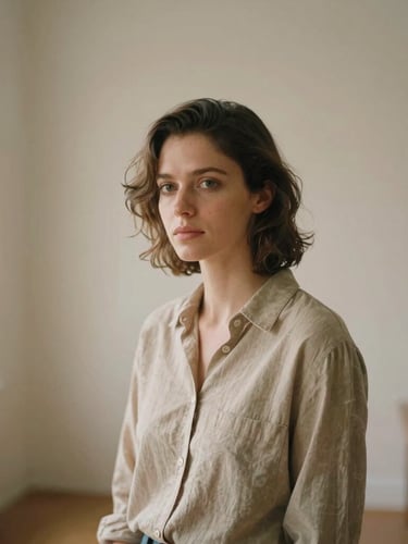 A natural-light portrait of a female editor in a minimalist studio, soft side-lighting, warm sand tones, cinematic film photography, 35mm format.