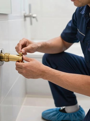 A close-up of a professional plumber wearing a clean navy blue uniform and protective shoe covers, adjusting a polished brass fixture in a bright, modern Dubai Marina bathroom.