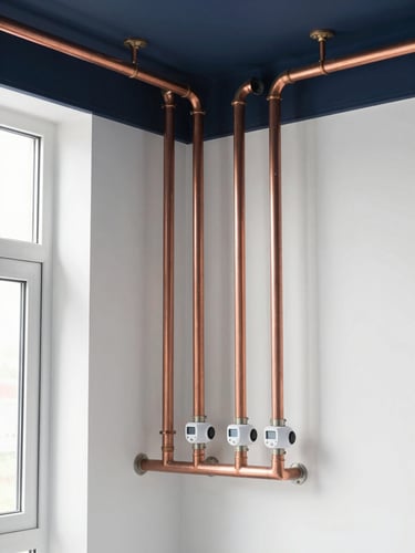 An immaculate utility room with perfectly aligned copper piping, clean digital leak detection sensors, and bright natural indoor lighting.