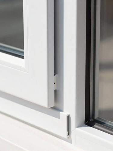 Architectural close-up of a UPVC window frame corner joint, sleek and modern, bright crisp daylight, clean white and charcoal tones, sharp focus, architectural lens