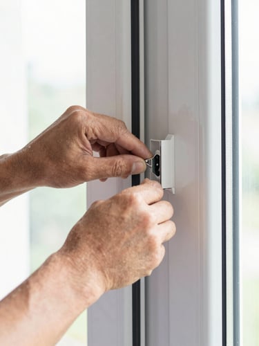 Close-up of a skilled technician's hands making a millimeter-precise adjustment to a UPVC window frame during installation, bright crisp daylight, architectural lens, clean white and charcoal tones.