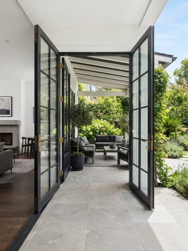 Wide shot of elegant French doors opening onto a luxury patio, seamless transition from indoor to outdoor, bright daylight, architectural lens, clean white and charcoal tones, lush green garden visible.