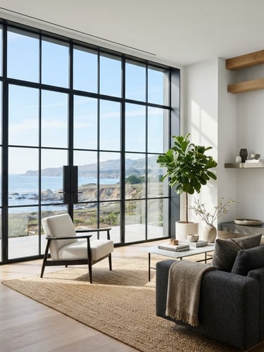 Elegant casement window in a modern living room, bright crisp daylight, clean white and charcoal tones, sharp focus, architectural lens, expansive glass facade, low horizon
