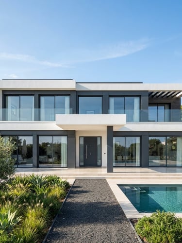 Wide shot of a modern luxury villa facade with expansive UPVC windows, bright crisp daylight, architectural lens, clean white and charcoal tones.