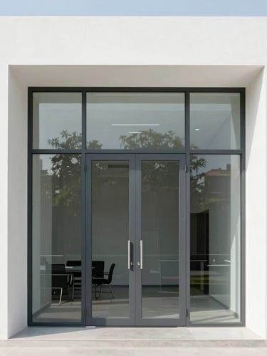 Bright architectural photography of a modern minimalist office entrance in Saharanpur, clean white concrete walls, large high-performance sliding glass doors with dark grey aluminium frames, crisp daylight.