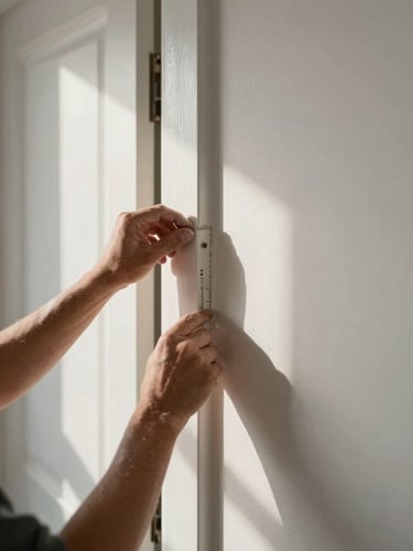 Close-up of a painter's hands carefully taping a door frame edge against a freshly primed wall, natural morning light raking across the surface to reveal texture, tools and tape visible in the foreground, wide editorial framing with generous wall space to the right