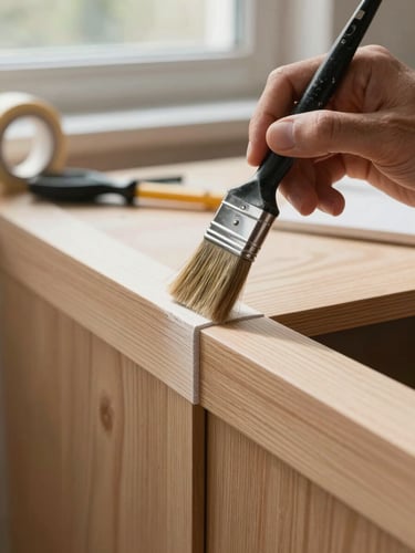 Close-up of painter's hands using a precision brush to cut a clean edge along a cabinet frame, natural window light raking across the wood grain revealing the texture of fresh primer, tools and tape visible in the background