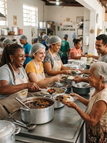 Candid documentary photo of a community kitchen in Brazil, warm natural morning light, volunteers serving fresh meals with genuine smiles, respectful eye-level framing, 35mm lens
