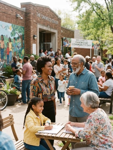 Warm documentary photography of community members gathering outside a local center, bright natural daylight, hopeful and authentic tones, candid eye-level framing, 35mm lens