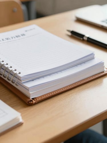 A close-up portrait of physical professional study guides, a leather planner, and a sleek pen resting on a clean wooden table in a bright, sunlit classroom, shallow depth of field.