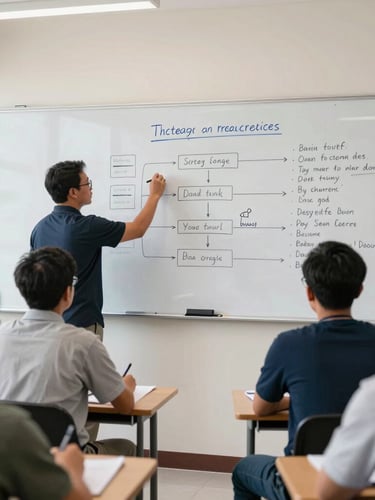 Wide shot of a modern Jakarta classroom, an instructor writing a complex strategic framework on a clean whiteboard, focused adult participants taking notes in the foreground, bright natural daylight.