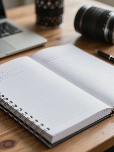 A close-up of physical study materials and a professional notebook on a wooden desk, soft natural daylight, shallow depth of field.