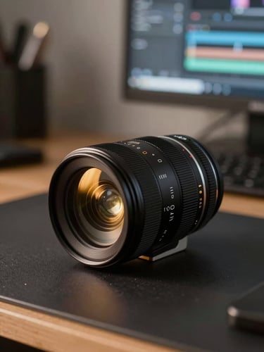 Overhead close-up of a professional camera lens resting on a dark matte desk, gold light catching the glass element, editing monitor glowing softly in the background — work in progress, studio environment
