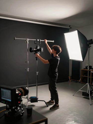 Wide angle shot of a cinematography studio lab — a student adjusting a professional lighting rig over a scene setup, dramatic side lighting, dark walls, equipment visible in foreground — active instruction moment