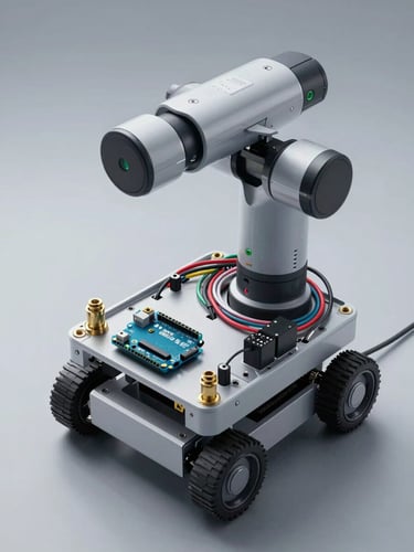Top-down macro schematic of Agri Robot chassis, showing clean wiring harnesses, green LED indicators on an Arduino UNO controller, and brass pump fittings under studio lighting.