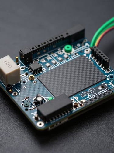 Macro close-up of an Arduino UNO board mounted on a rugged carbon-fiber chassis, green wiring harnesses visible, sharp technical studio lighting with neon green accents.