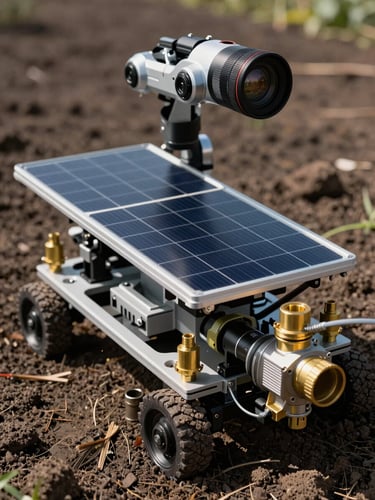Macro shot of the Agri Robot chassis under harsh daylight, showing the integrated solar panel array and brass water pump fittings on dark soil.
