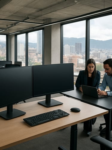 Wide environmental shot of a modern open-plan office in Bogotá, Colombia — three monitors on a standing desk in the foreground, a team of two collaborating over a laptop in the mid-ground, bright daylight through floor-to-ceiling windows, high contrast, sharp edges, no people smiling at camera