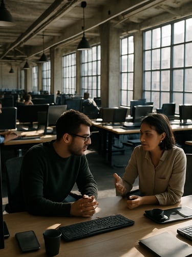 Wide environmental shot of a dense Bogotá office floor at noon — rows of desks with monitors, two team members in focused conversation, hard daylight through industrial windows, high contrast, no posed smiles, shot from slightly above at an angle