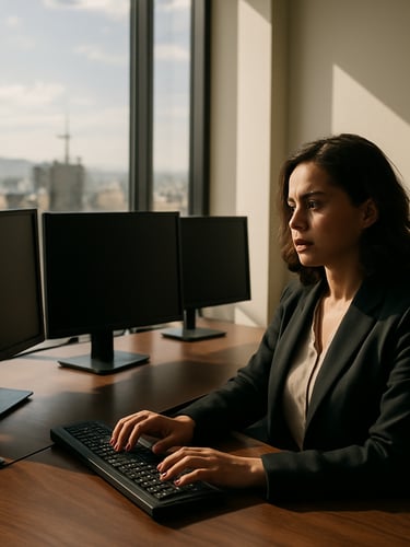 Wide environmental shot of a professional woman at a large desk in a bright Bogotá office, afternoon daylight through floor-to-ceiling windows casting sharp shadows, three monitors visible, hands resting on keyboard, workspace in sharp focus — no posed smiling, candid mid-work moment