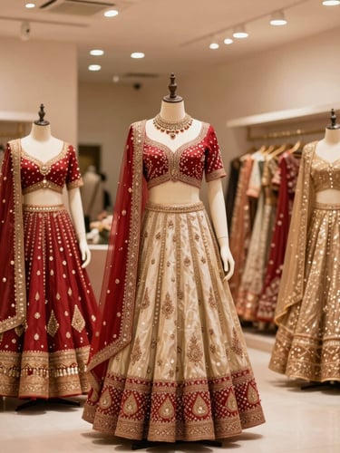 Elegantly styled mannequins showcasing premium crimson and gold bridal lehengas inside a warm, softly-lit Pune boutique showroom.