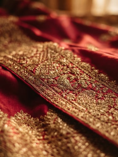 Close-up shot of rich crimson silk saree fabric with intricate gold zari embroidery, warm indoor lighting, shallow depth of field.