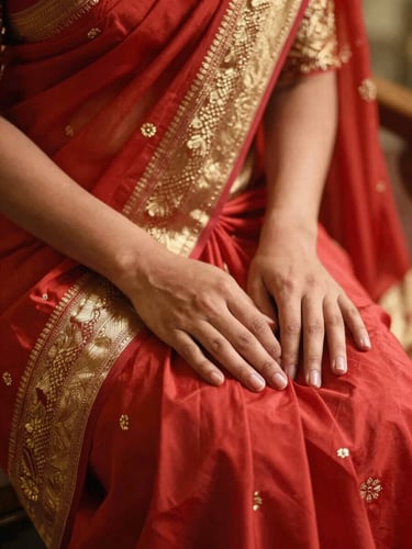 Close-up of hands touching a rich crimson silk saree with intricate gold zari embroidery, warm lighting highlighting the texture of the fabric, shallow depth of field, 35mm