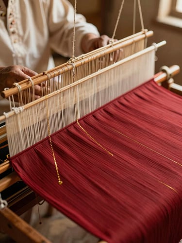 Close-up of a weaver's hands working on a traditional wooden loom, weaving gold zari threads into deep crimson silk, warm indoor light, focus on the rich textile texture, 35mm