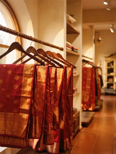 Warm environmental photograph of Vama Exclusive's spacious Lohegaon showroom interior, elegant wooden hangers displaying rich crimson and gold silk sarees, soft golden window light, shallow depth of field, 35mm