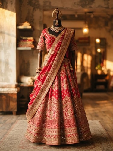 Warm editorial photography of a hand-woven crimson silk bridal lehenga with heavy gold zari borders, draped elegantly on a mannequin in a softly lit Lohegaon showroom, soft golden-hour light, shallow depth of field, 35mm