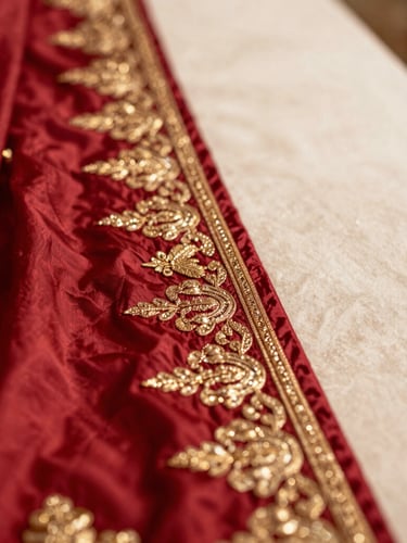 Close-up of rich crimson silk fabric with intricate gold embroidery and handcrafted zari details, elegant soft lighting, shallow depth of field, 35mm.