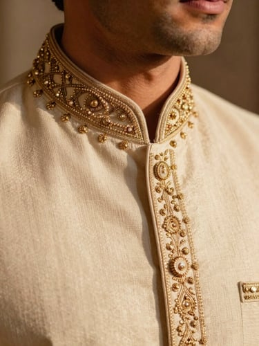 Close-up of a man's elegant hand-embroidered wedding sherwani collar, highlighting the intricate gold thread work on rich cream fabric.